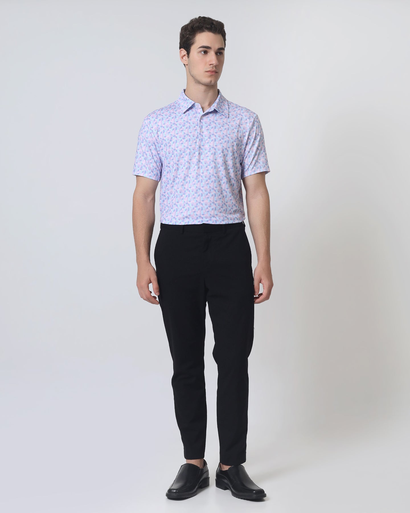 Quieti Performance Regular Fit, Lavender Geo Printed Knit, 3 button Short Sleeve Polo